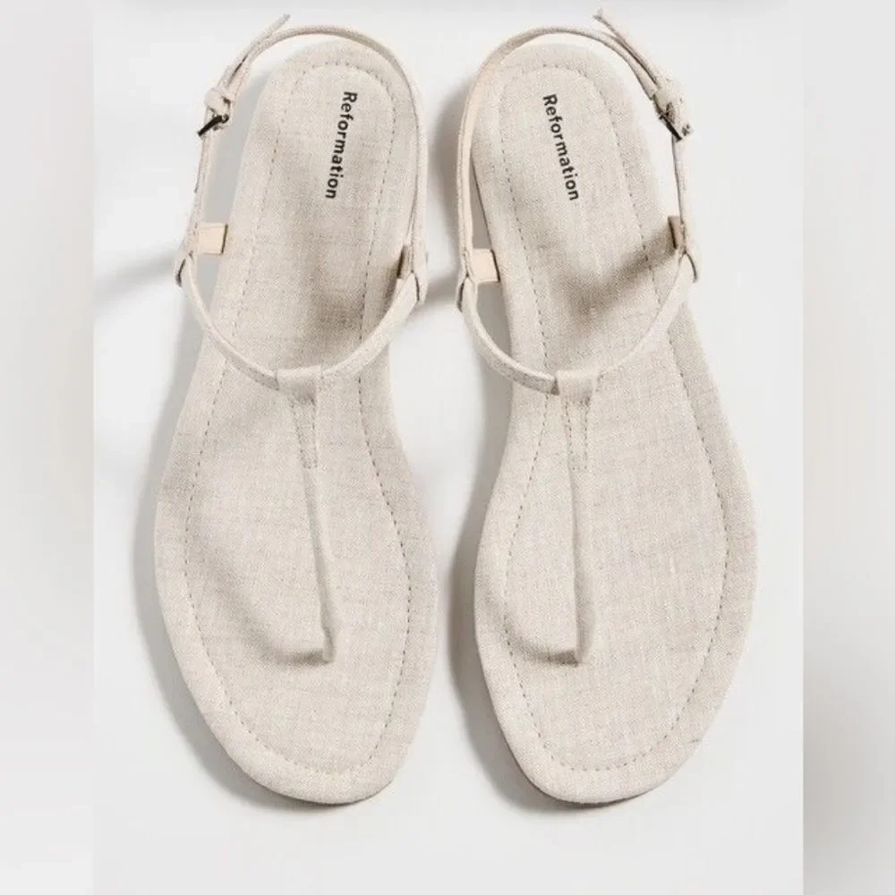 Reformation Cream Linen Thea T-Strap Women's Sandals